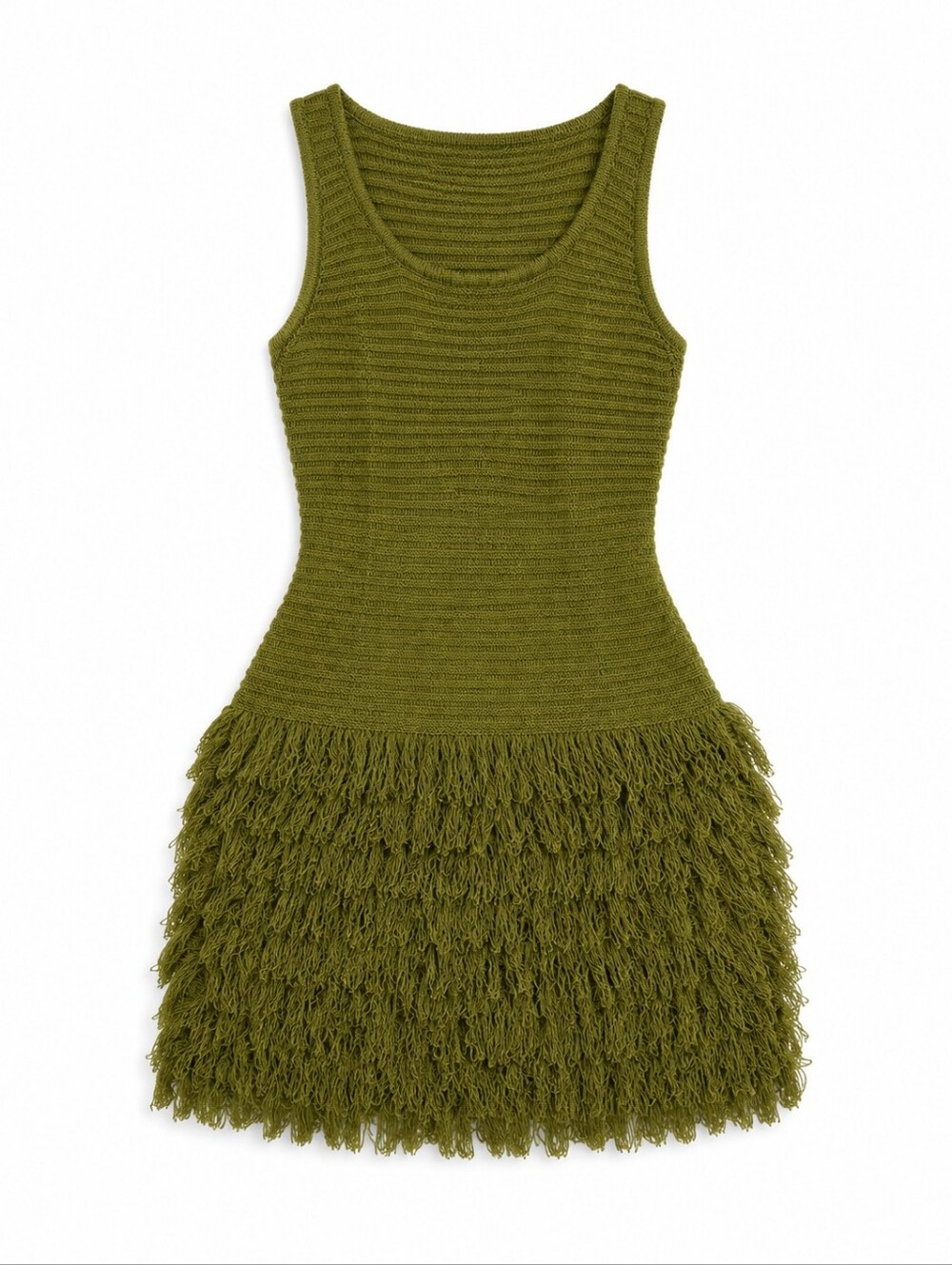 Olive Green Sleeveless Knit Fringe Mini Dress